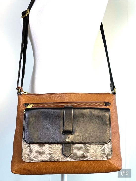 Fossil Handbags - FOSSIL Kinley Pocket Crossbody Bag Leather Colorblock Brown Black Minimalist